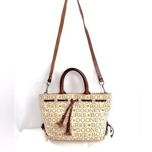 Dooney Bourke Vintage Cream Brown Logo Jacquard Canvas Small Shoulder Bag Purse